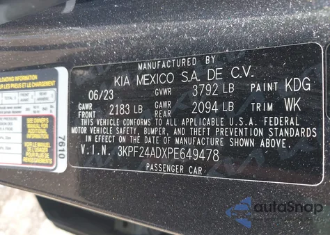 2023 Kia Forte Lxs z USA, uszkodzony, nr VIN 3KPF24ADXPE649478